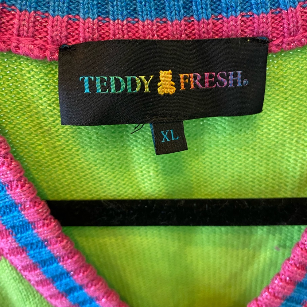 Teddy Fresh Neon Lime & Hot Pink Trim Knit Vest size XL - Picture 3 of 3